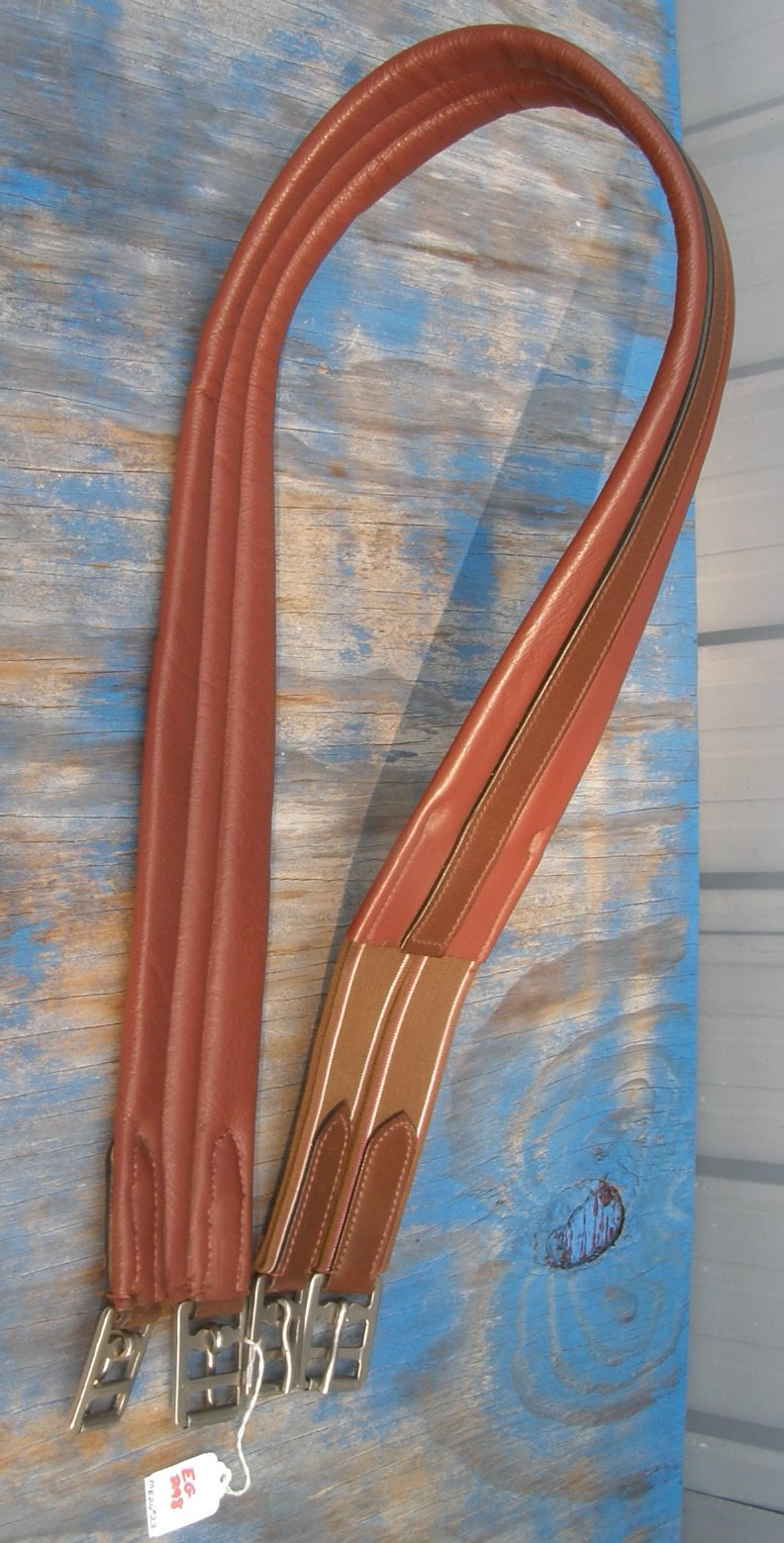 Padded Shaped Leather Overlay English Girth Contour Leather Girth Elastic End Brown 50"