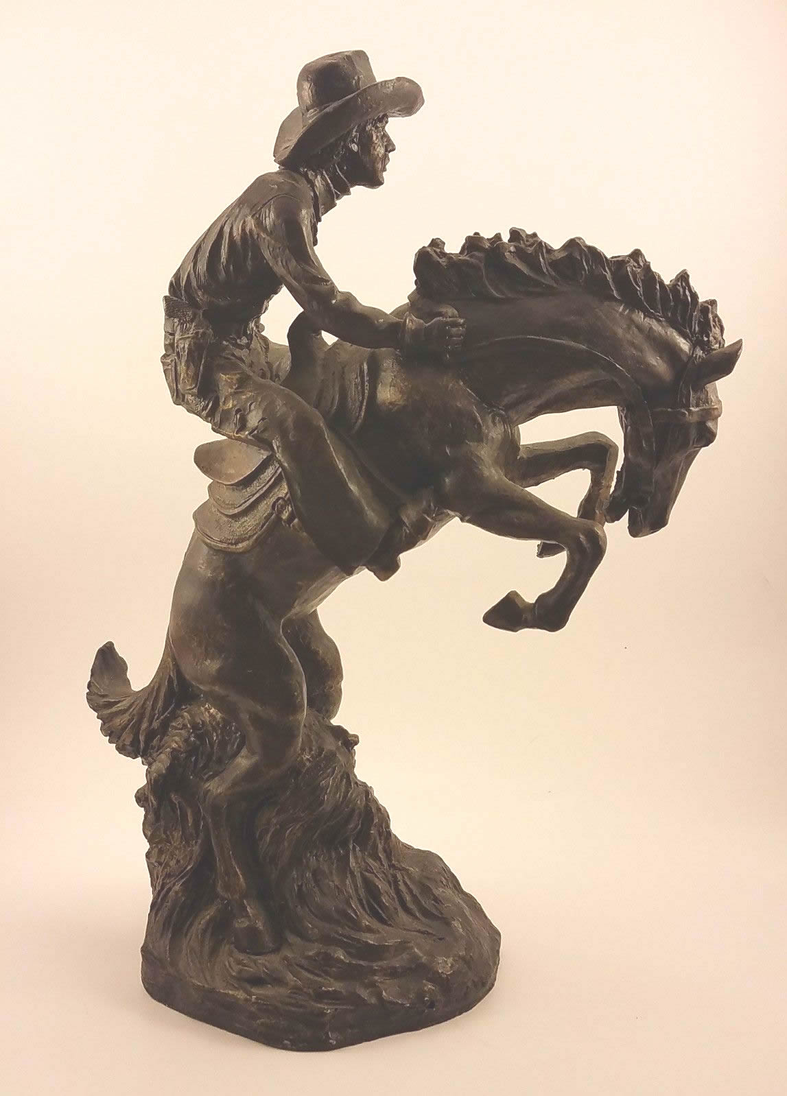 Bronco & Cowboy Rearing Horse Figurine Remington Bronc Buster Lookalike Bronze Finish Sculpture Western Decor