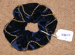 Hair Bow, Velvet Hair Scrunchie with Beaded Trim Blue/Gold Bead Trim