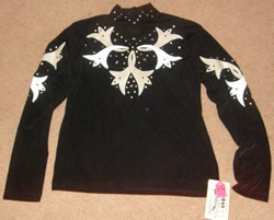 1849 Authentic Ranchwear Western Show Shirt Slinky Top with Rhinestones Black/Beige/White Lillies Ladies L