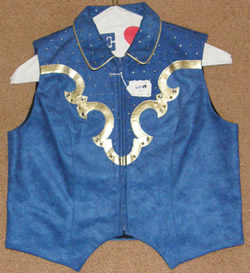 Hobby Horse Western Show Vest Fancy Zippered Vest Blue Metallic Gold Trim Rhinestones Childs XL