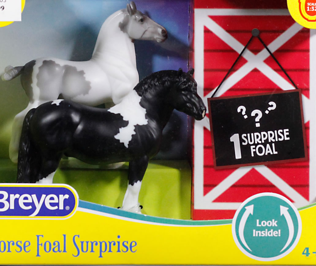 Breyer Horse B-SM-10621/10622 Peaceful Gardens Stablemate Mystery Horse Foal Surprise Family Grey Pinto Belgian Black Pinto Giorgio Black Pinto Playful Foal