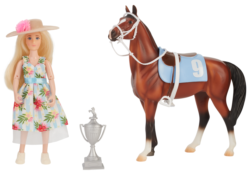 Breyer Horse B-FS-10654 Winners Circle Gift Set Buttercup Breeze Bay Standing Thoroughbred TB Doll & Racing Tack Set