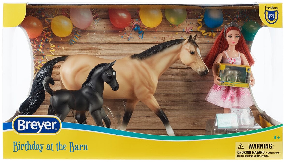 Breyer Horse B-FS-10255 Birthday At The Barn Buckskin Warmblood Mare Dark Grey Black Trotting Stock Horse Foal Doll Birthday Cake Present Card