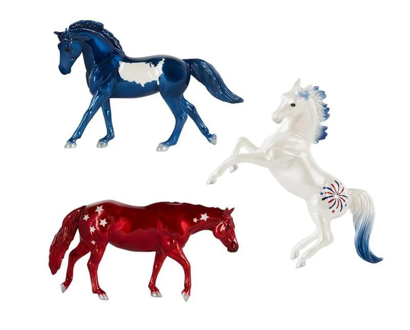 Breyer Horse B-SM-10750 Pursuit of Happiness Semiquincentennial SM Decorators Metallic Blue Cantering Warmblood Metallic Red StockHorse Mare Cassidy Pearly White Rearing Arabian