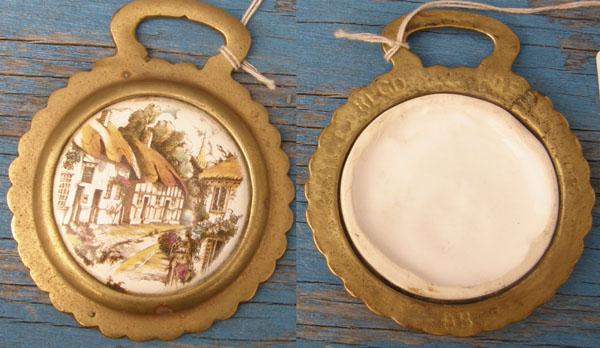 Vintage Horse Harness Brass Ceramic Porcelain Insert Horse Harness Brass Decoration Medallion