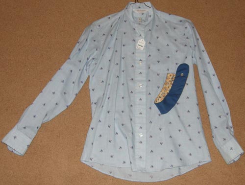 Vintage Beaufort Long Sleeve English Show Shirt Ratcatcher Riding Shirt Ladies 8 Blue Horse/Hunting Horn Print