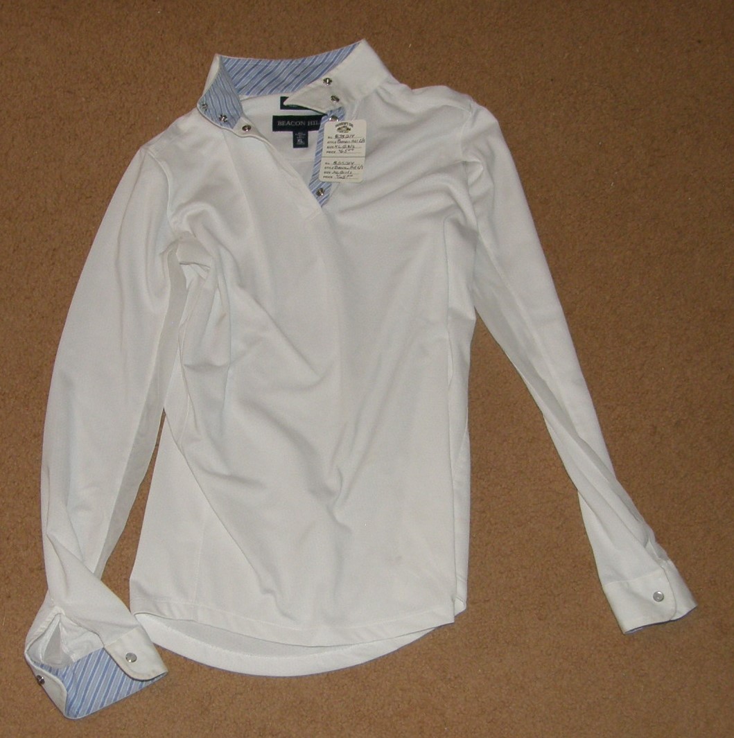 Essex Classics Beacon Hill Long Sleeve Show Shirt L/S Pullover Riding Shirt English Shirt White Blue Stripe Girls XL