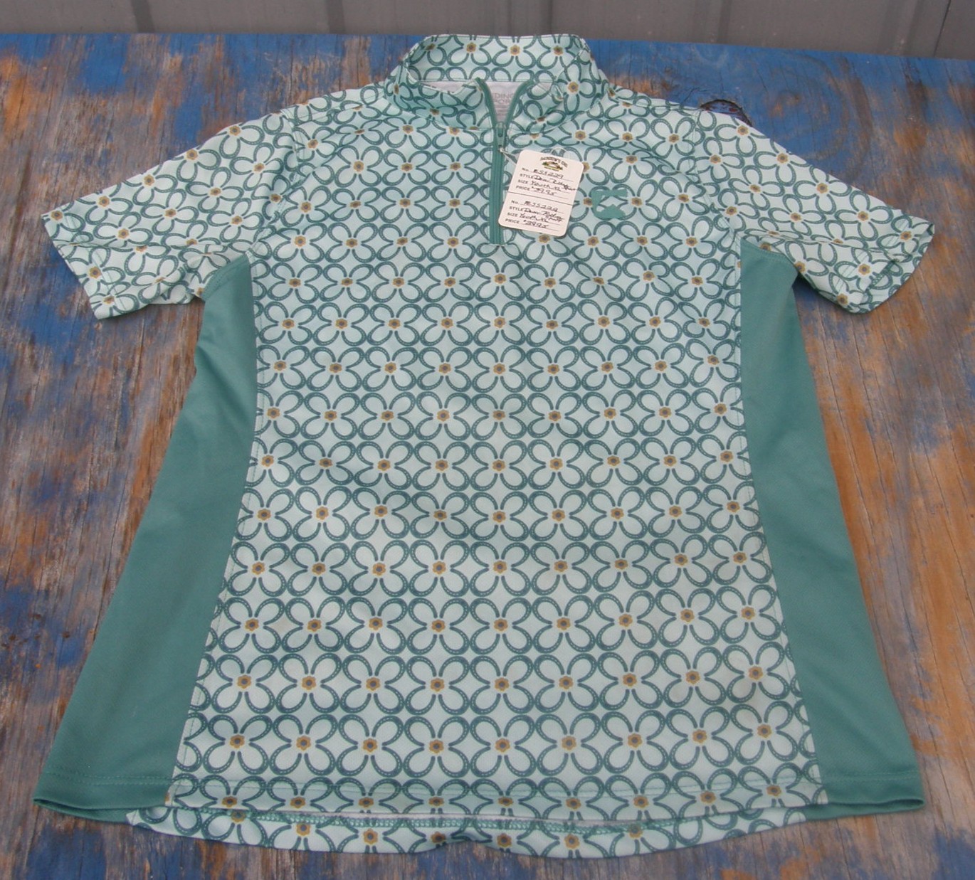 Riding Sport Kids Airflow Riding Shirt S/S Quarter Zip English Riding Shirt Youth XL Sage Green Horseshoes Prin
