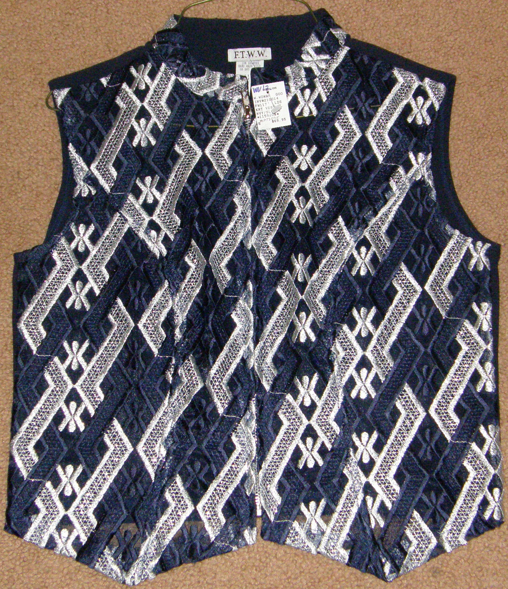 FTWW Lace Western Show Vest Zippered Lacy Vest Navy Blue Metallic Silver Ladies L