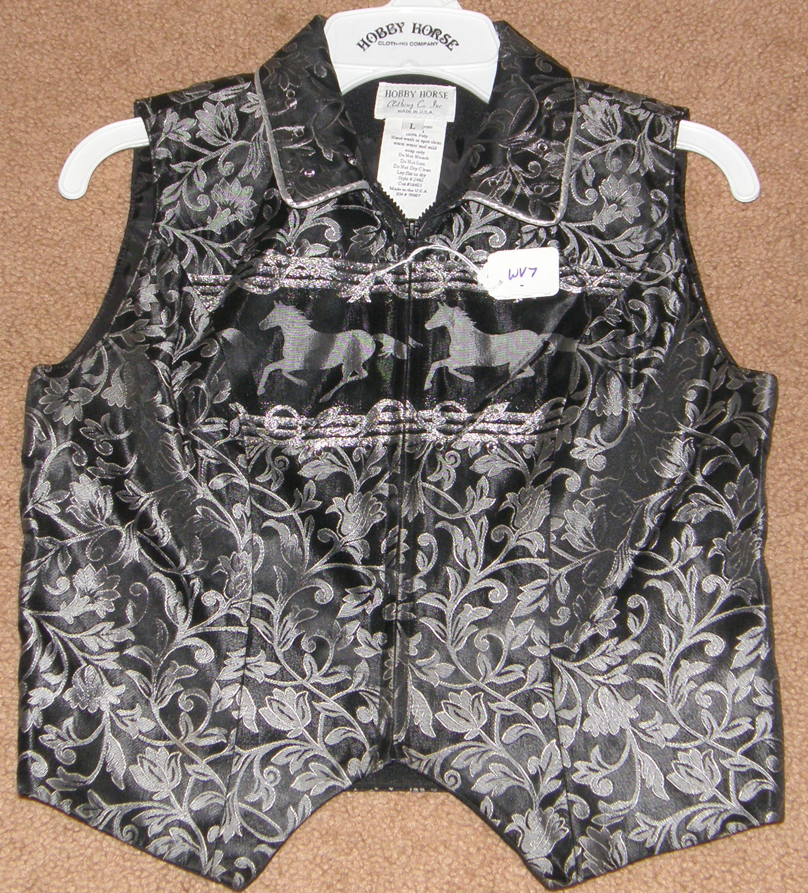 Hobby Horse Western Show Vest Zippered Vest Black Silver Rhinestones Horse Print Childs L