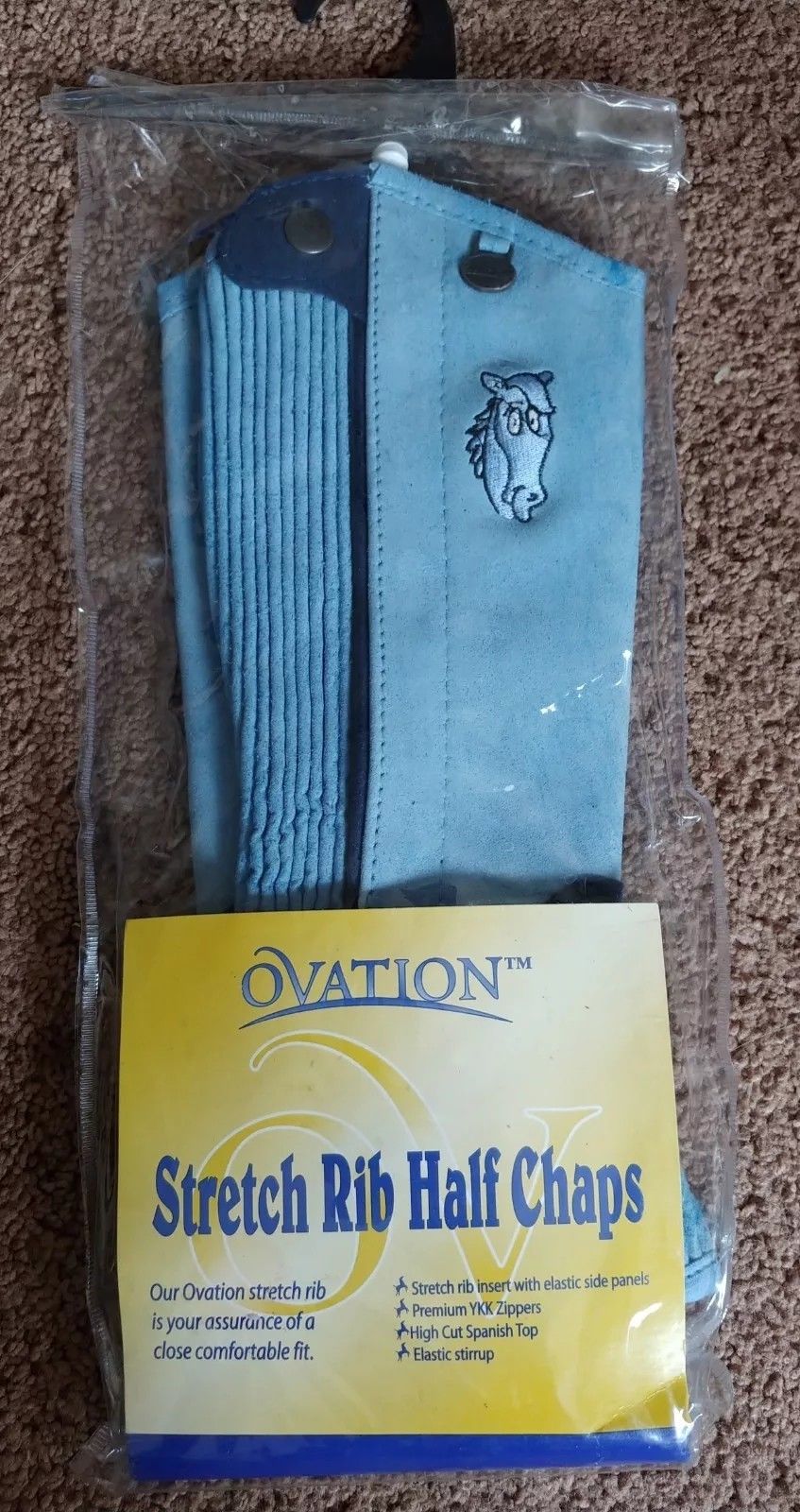 Ovation Suede Stretch Rib Half Chaps with Zipper English Half Chaps Childs 8-10 A Lt Blue/Blue