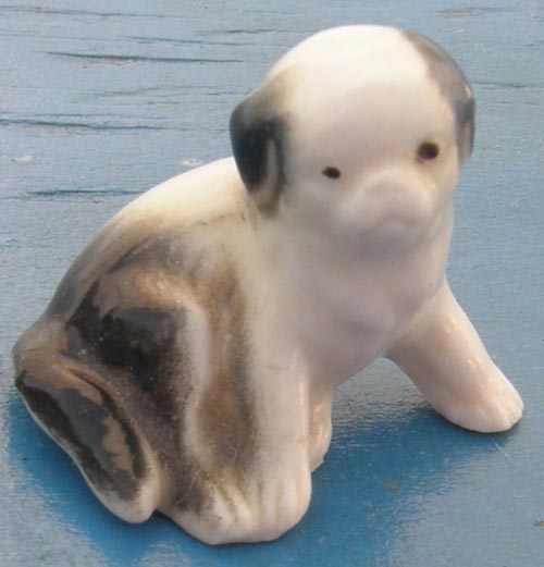 Vintage Japan Mini Bone China Black & White Spaniel Seated Japanese Chin Puppy Dog Figurine Miniature