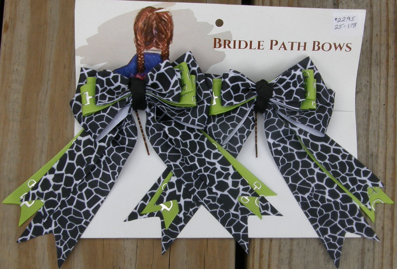 Bridle Path Bows Horse Show Bows Childrens Hair Ribbons Hair Bows Showbows Black Giraffe Animal Print/Lime Green Snaffle Bit Pattern