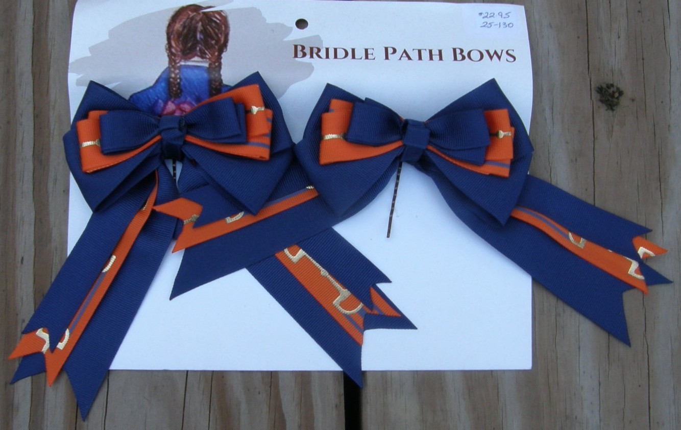 Bridle Path Bows Horse Show Bows Childrens Hair Ribbons Hair Bows Showbows Navy/Orange Snaffle Bit Pattern