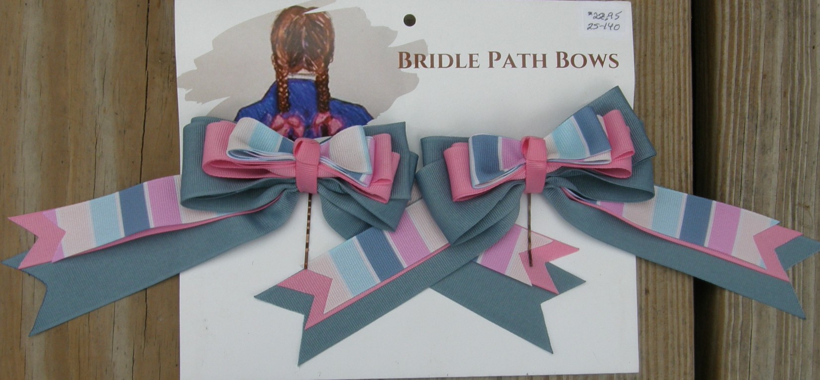 Bridle Path Bows Horse Show Bows Childrens Hair Ribbons Hair Bows Showbows Grey/Pink & Grey Stripe Pattern