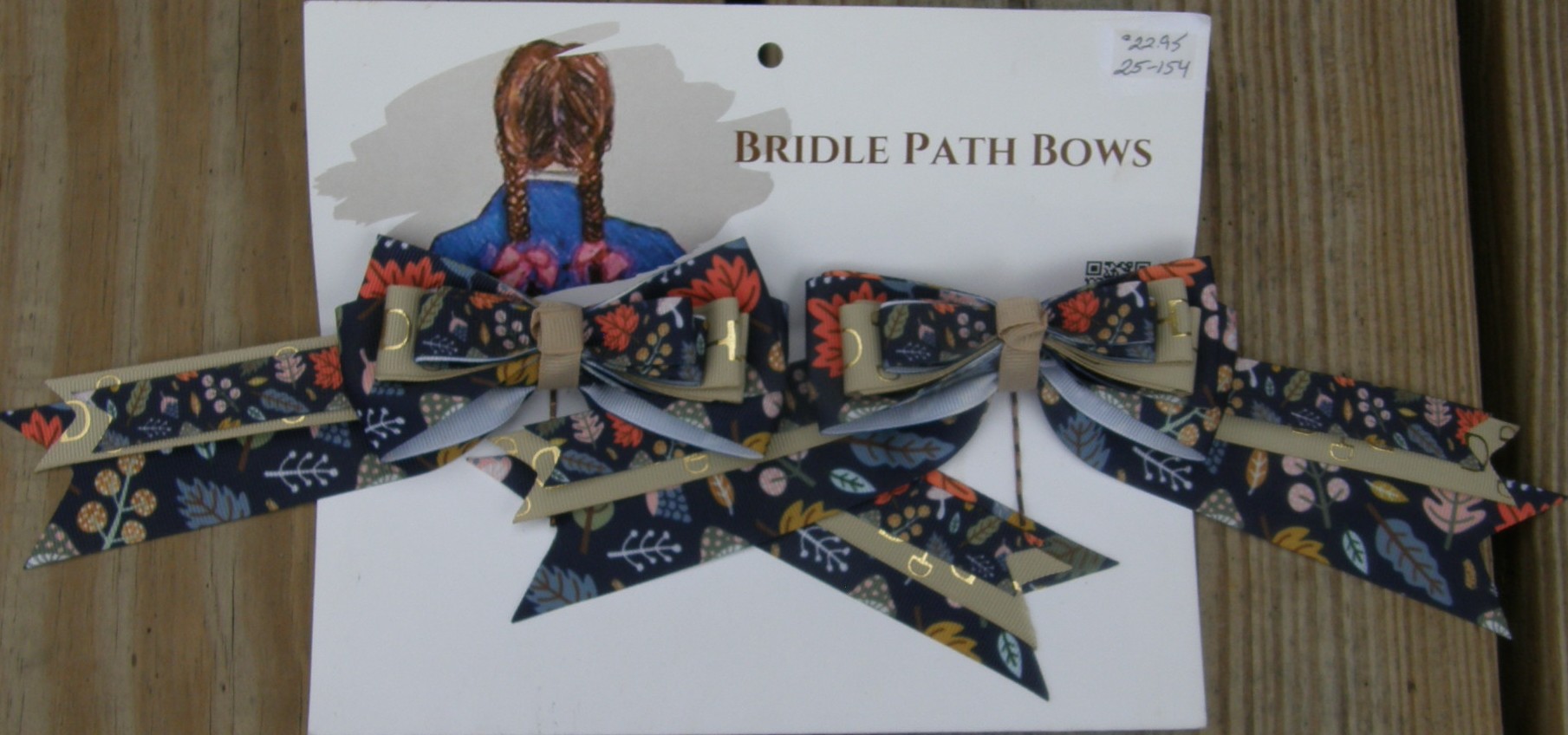 Bridle Path Bows Horse Show Bows Childrens Hair Ribbons Hair Bows Showbows Navy Autumn Fall Leaves/Tan Snaffle Bit Pattern