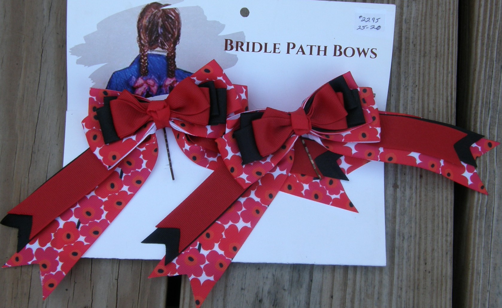 Bridle Path Bows Horse Show Bows Childrens Hair Ribbons Hair Bows Showbows Red/Black/Red Posies Pattern