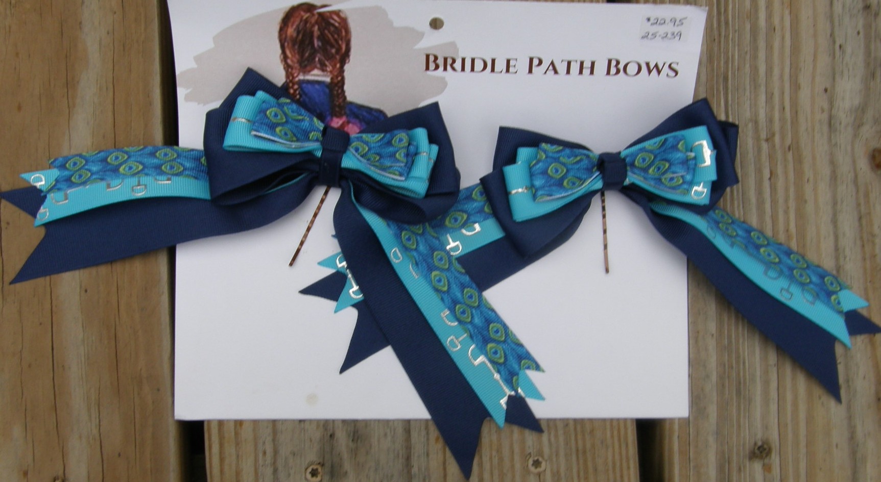 Bridle Path Bows Horse Show Bows Childrens Hair Ribbons Hair Bows Showbows Navy/Aqua Snaffle Bit/Peacock Feather Pattern