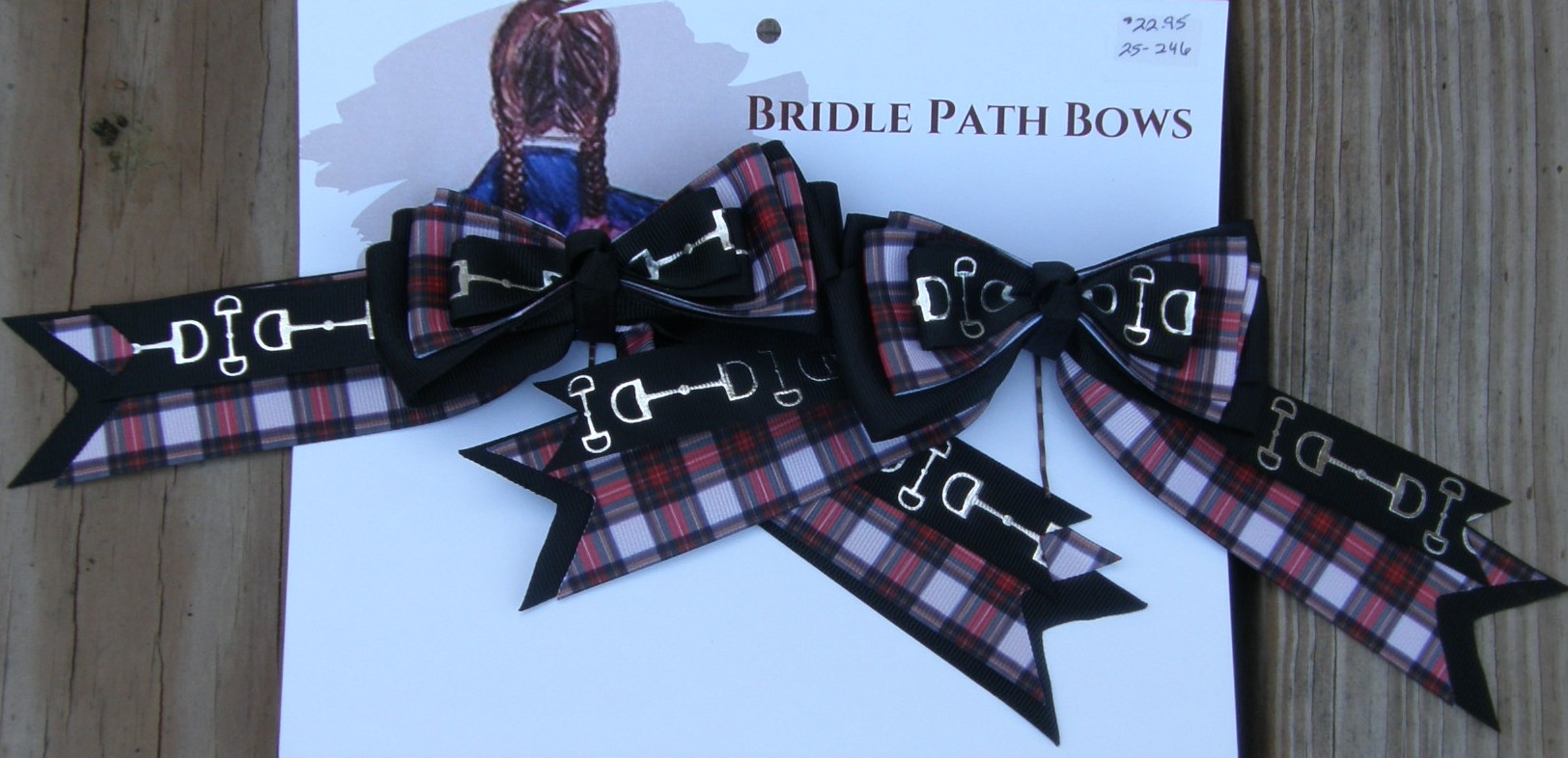 Bridle Path Bows Horse Show Bows Childrens Hair Ribbons Hair Bows Showbows Black Plaid/Black Snaffle Bit Pattern