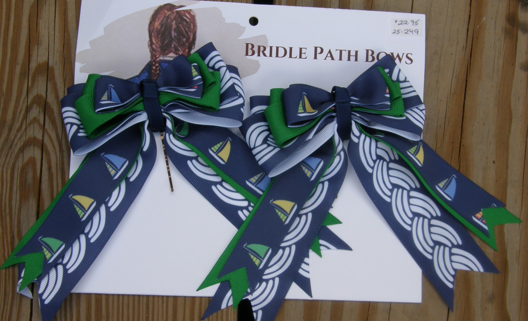 Bridle Path Bows Horse Show Bows Childrens Hair Ribbons Hair Bows Showbows Blue Celtic Chain/Kelly Green/Sailboat Sail Boat Pattern