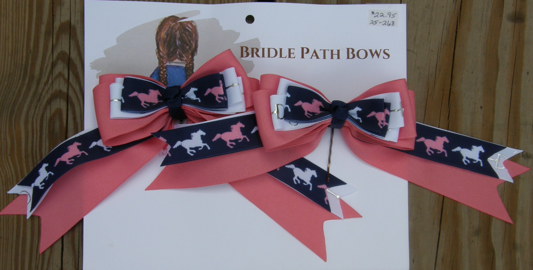 Bridle Path Bows Horse Show Bows Childrens Hair Ribbons Hair Bows Showbows Pink/White Snaffle Bit/Navy Running Horses Pattern