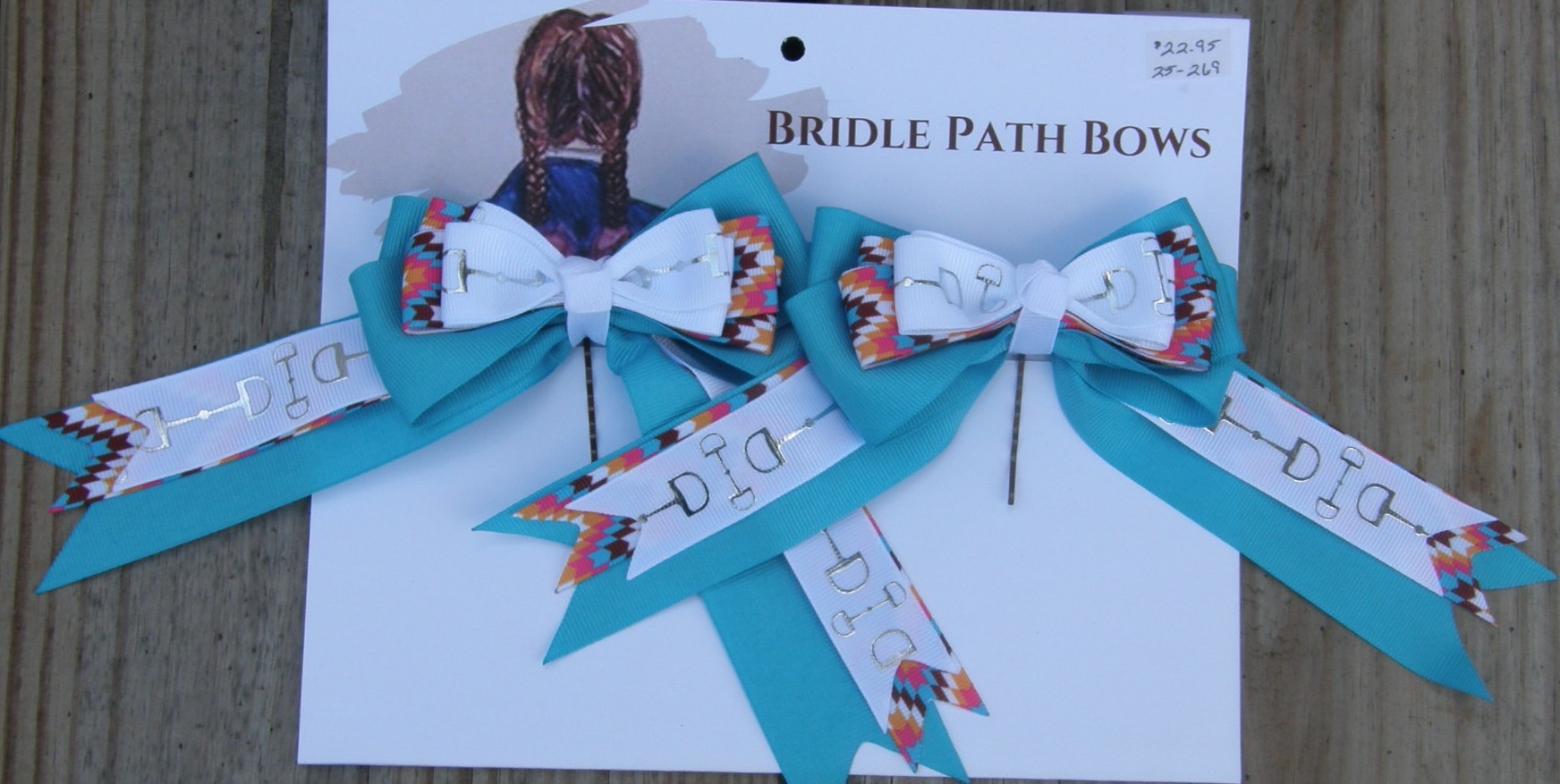 Bridle Path Bows Horse Show Bows Childrens Hair Ribbons Hair Bows Showbows Aqua/Southwestern Print/White Snaffle Bit Pattern