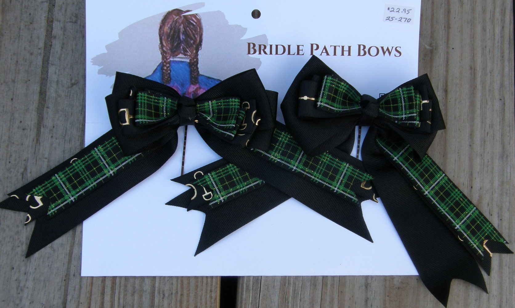 Bridle Path Bows Horse Show Bows Childrens Hair Ribbons Hair Bows Showbows Black/Black Snaffle Bit/Green & Black Plaid Pattern