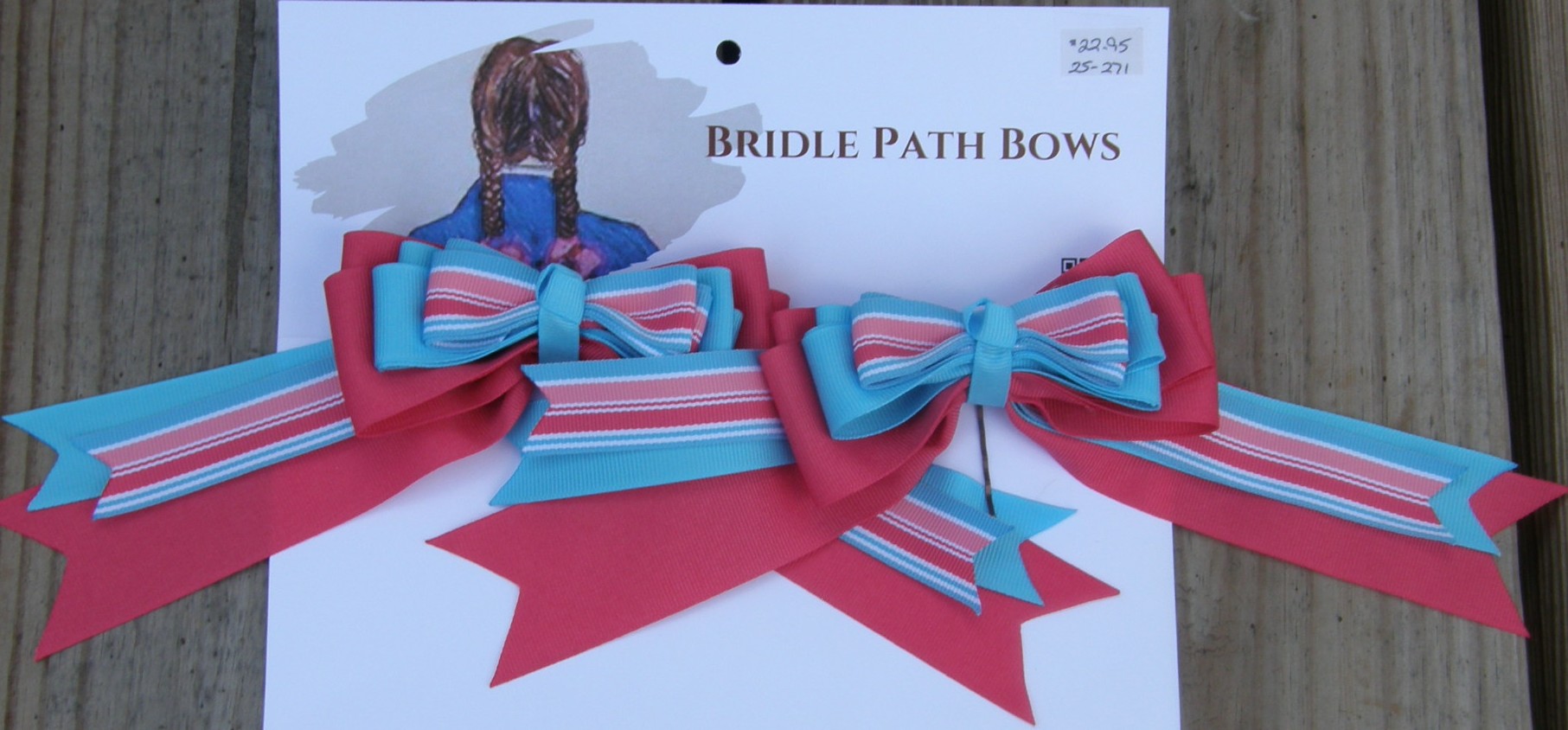 Bridle Path Bows Horse Show Bows Childrens Hair Ribbons Hair Bows Showbows Coral/Lt Blue/Lt Blue & Coral Stripe Pattern