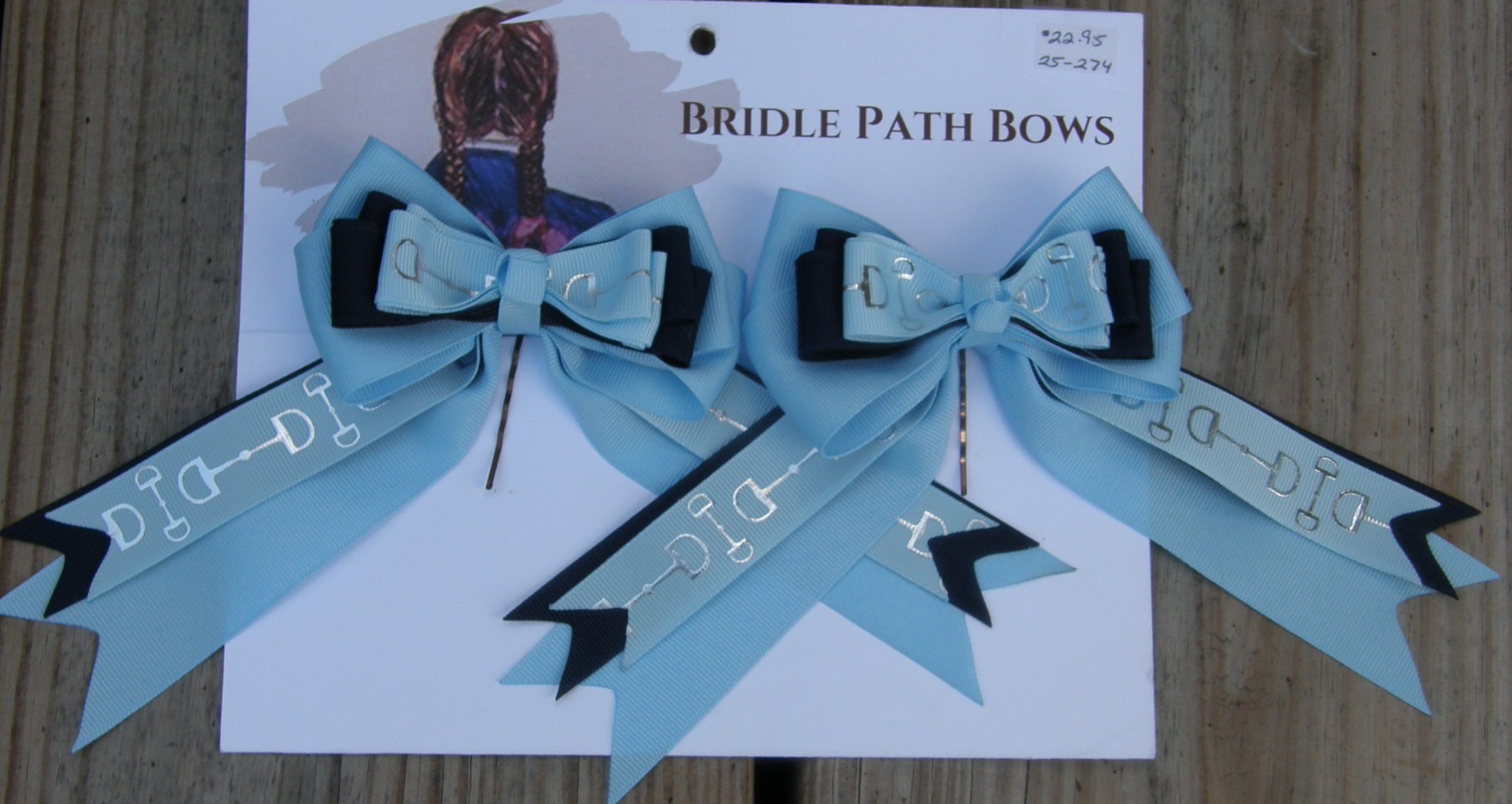 Bridle Path Bows Horse Show Bows Childrens Hair Ribbons Hair Bows Showbows Lt Blue/Navy/Lt Blue Snaffle Bit Pattern