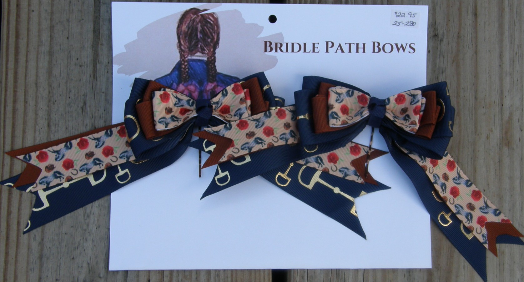 Bridle Path Bows Horse Show Bows Childrens Hair Ribbons Hair Bows Showbows Navy Snaffle Bit Print/Brown/Grey Rearing Horses Cowboy Hats & Roses Pattern