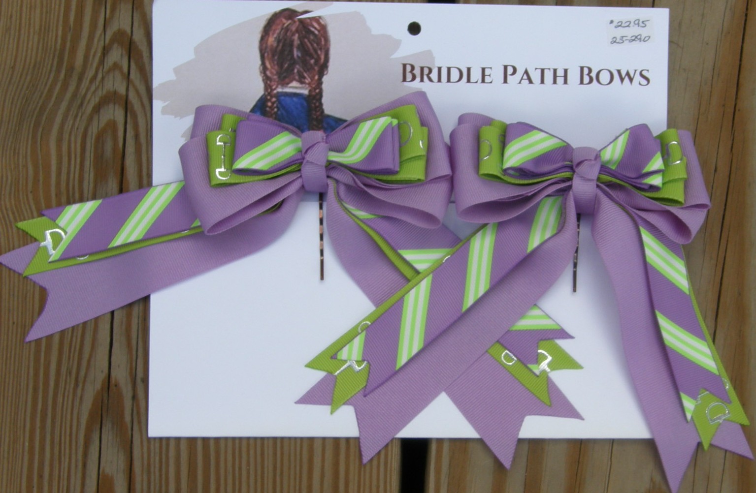 Bridle Path Bows Horse Show Bows Childrens Hair Ribbons Hair Bows Showbows Dk Lavender/Lime Green Snaffle Bit/Purple & Lime Stripe Pattern