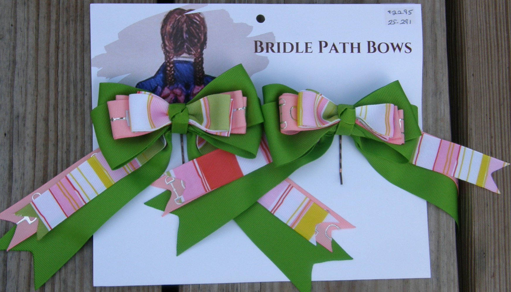 Bridle Path Bows Horse Show Bows Childrens Hair Ribbons Hair Bows Showbows Dk Lime Green/Pink Snaffle Bit/Pink & Lime Pattern
