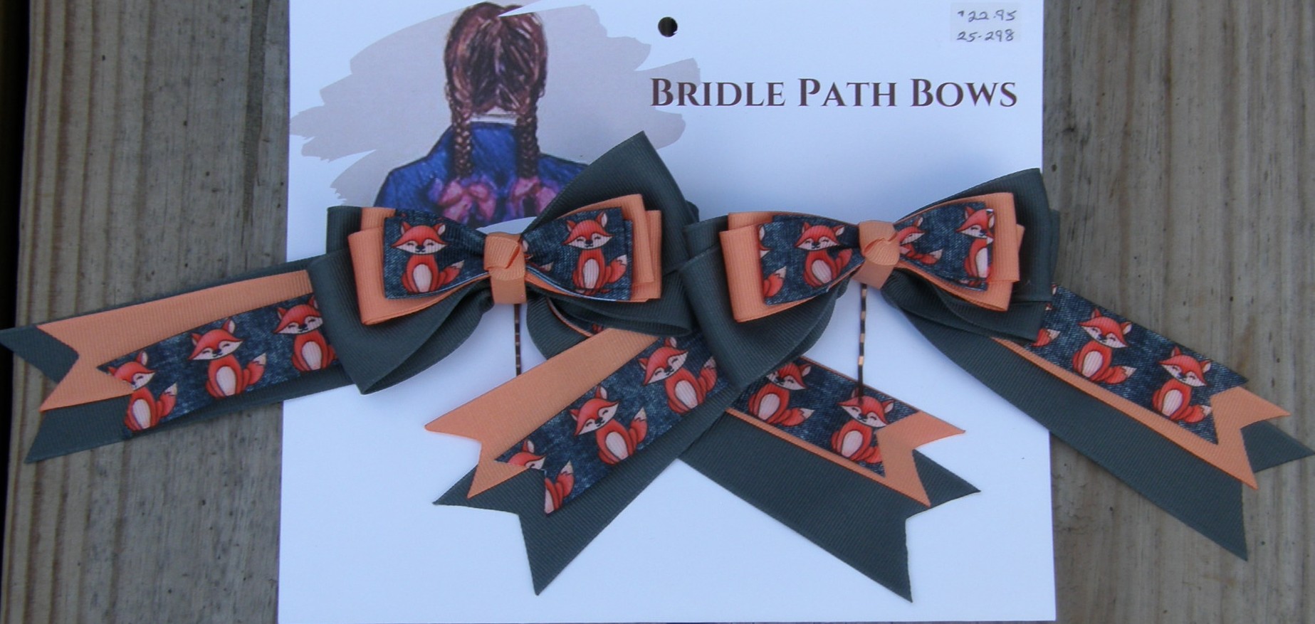 Bridle Path Bows Horse Show Bows Childrens Hair Ribbons Hair Bows Showbows Dark Grey/Peach Foxes Pattern