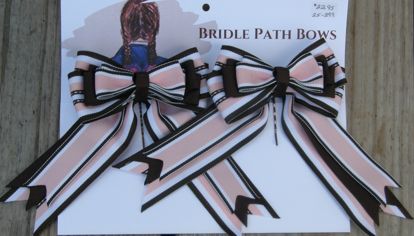 Bridle Path Bows Horse Show Bows Childrens Hair Ribbons Hair Bows Showbows Brown/Pink White & Brown Stripe Pattern