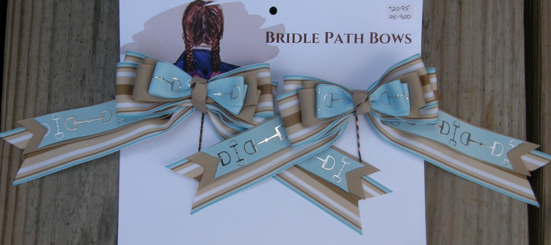 Bridle Path Bows Horse Show Bows Childrens Hair Ribbons Hair Bows Showbows Tan White & Lt Blue Stripe/Tan/Lt Blue Snaffle Bit Pattern
