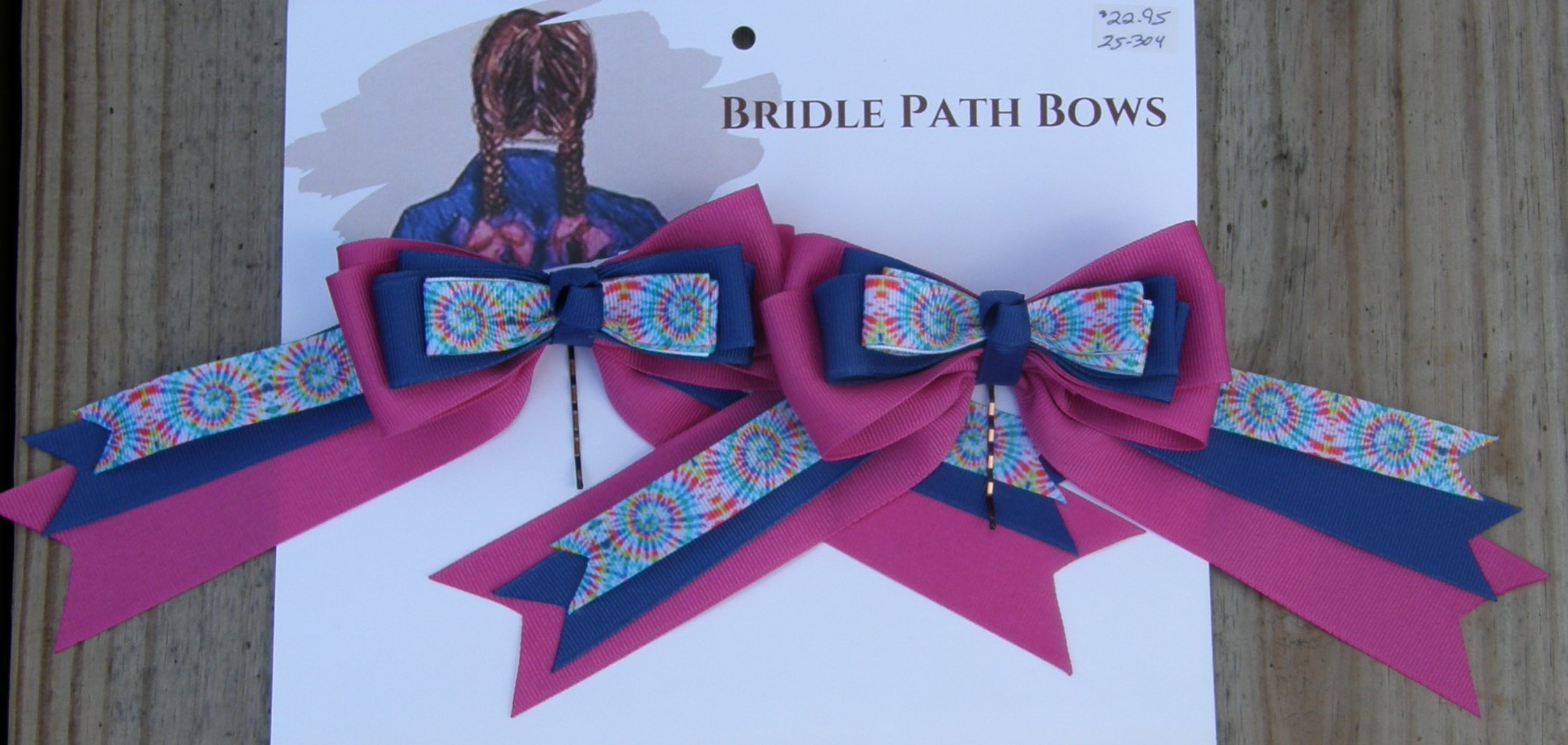 Bridle Path Bows Horse Show Bows Childrens Hair Ribbons Hair Bows Showbows Magenta/Navy/Rainbow Tie Dye Pattern