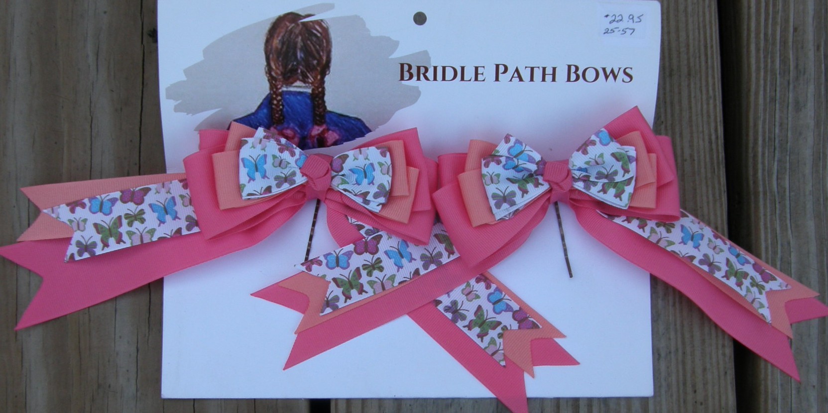 Bridle Path Bows Horse Show Bows Childrens Hair Ribbons Hair Bows Showbows Pink/Peach/Butterflies Pattern