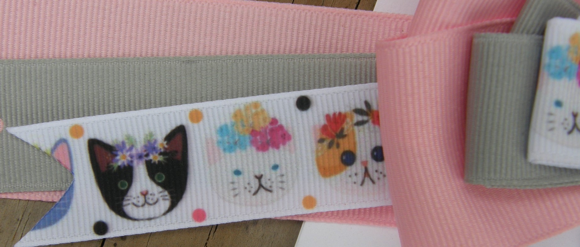 Bridle Path Bows Horse Show Bows Childrens Hair Ribbons Hair Bows Showbows Pink/Grey/Cats & Flowers Pattern