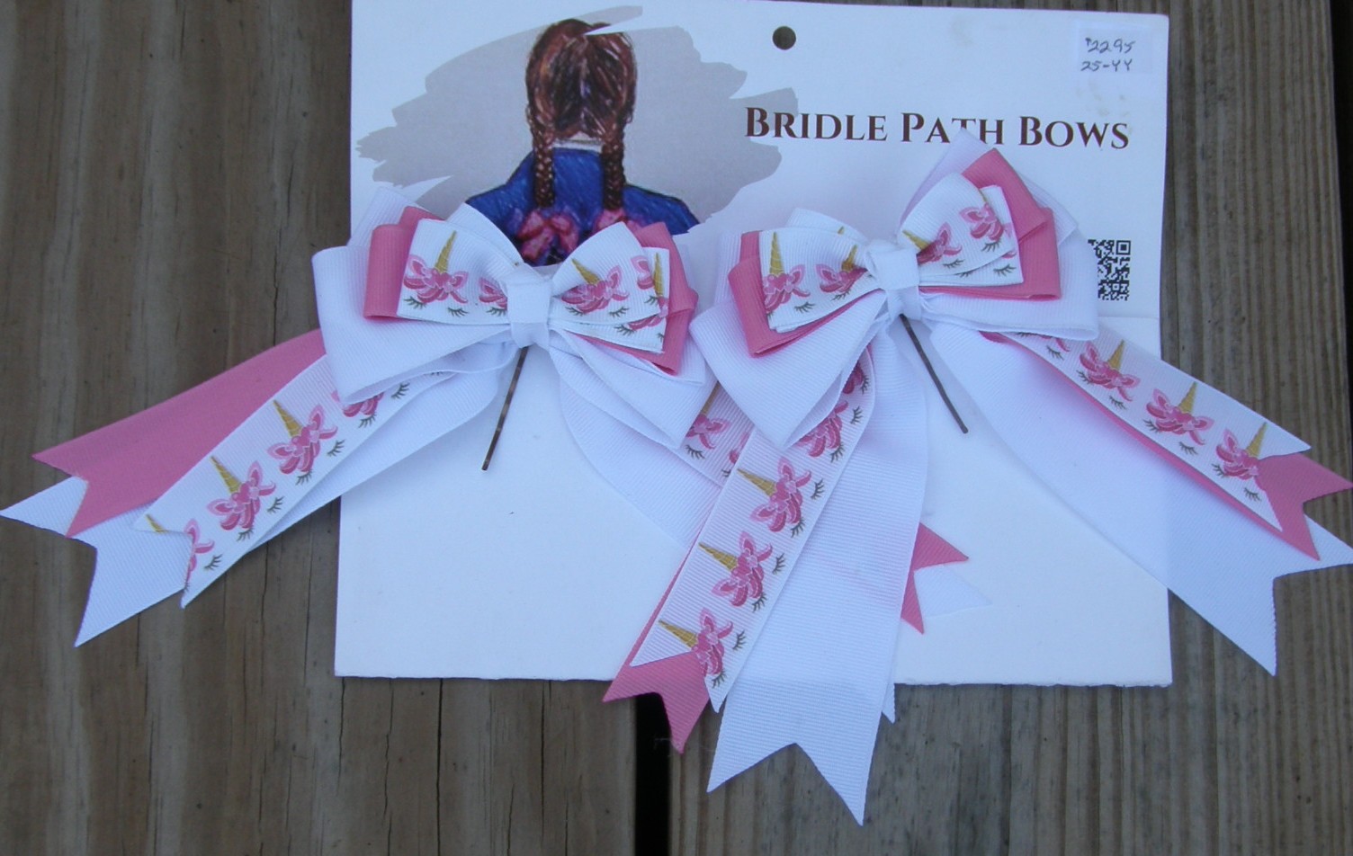 Bridle Path Bows Horse Show Bows Childrens Hair Ribbons Hair Bows Showbows Unicorn Faces White/Pink/Unicorn Horn Pattern