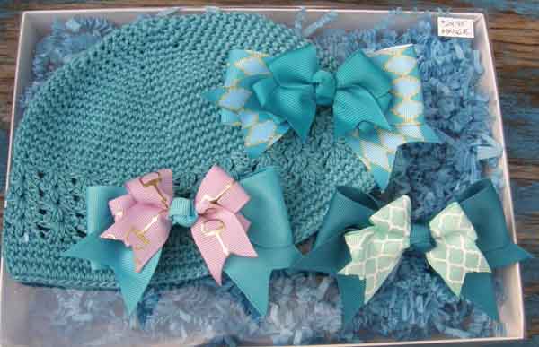 Bridle Path Bows Baby Bows Childs Knit Beanie Baby Infant Knit Cap 3 Hair Bows Hair Ribbons