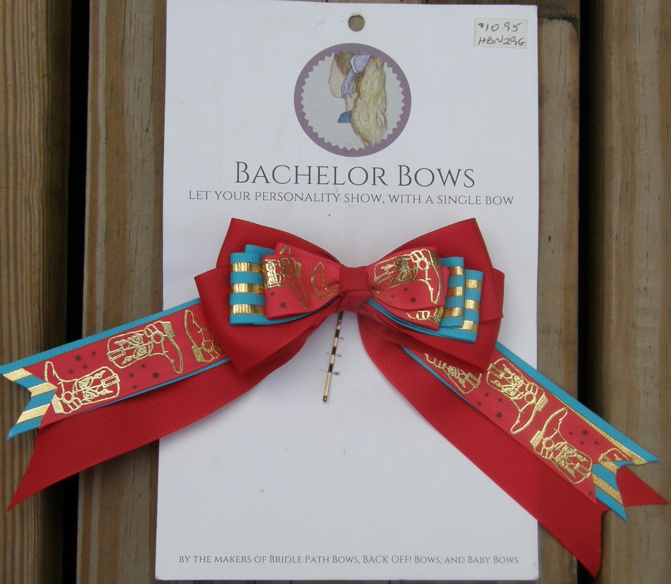 Bridle Path Bows Bachelor Bows Childrens Hair Ribbons Single Hair Bow Hair Ribbons Red/Blue & Gold Stripe/Red Metallic Western Boot Cowgirl Boot Cowboy Boot Pattern