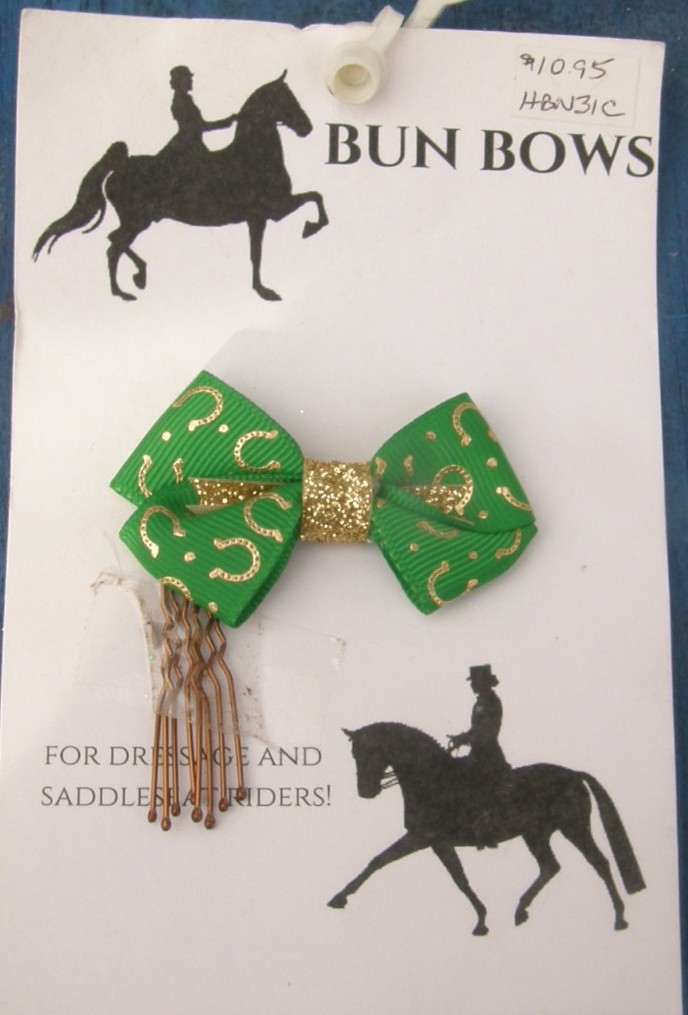 Bridle Path Bows Bun Bows Hair Bows Hair Ribbons Dressage Saddleseat Kelly Green Horseshoe Pattern/Metallic Gold