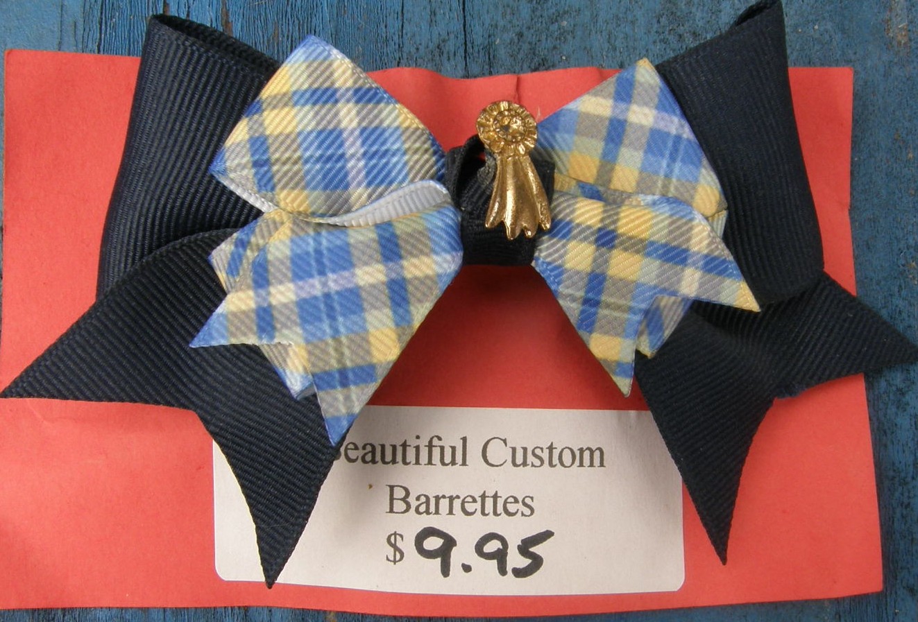 Bridle Path Bows Baby Bow Hair Bow Hair Clip Hair Barrette Childrens Hair Ribbons Navy/Blue & Yellow Plaid Gold Horse Show Rosette Ribbon