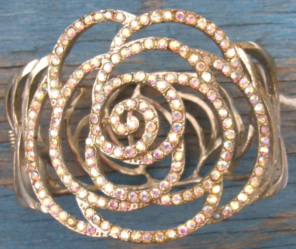 Rhinestone Rose Cuff Bracelet Crystal Rose Flower Cuff Costume Jewelry Cowgirl Bling