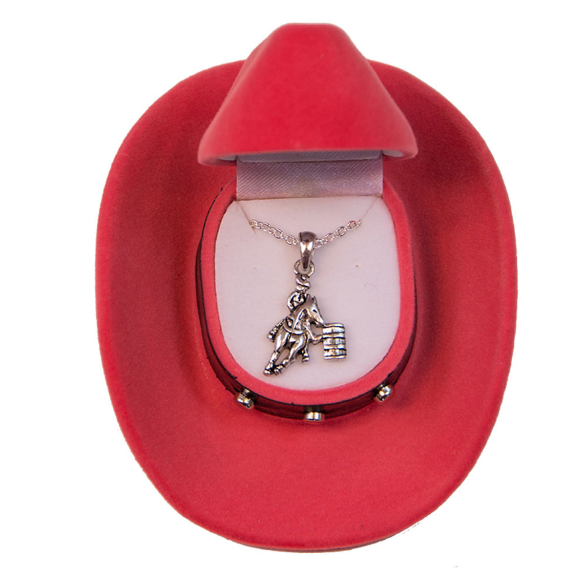 Barrel Racer with Barrel Necklace Silver Barrel Racing Horse Pendant in Cowboy Hat Red Cowgirl Hat