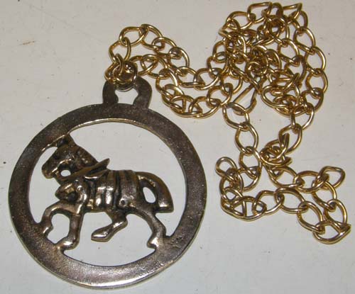 Vintage Draft Horse Harness Brass Necklace Knights Horse In Armor Bling Pendant
