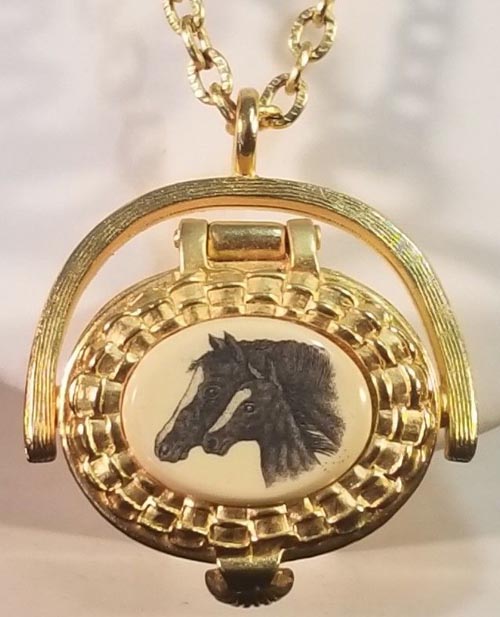 Vintage Paquette Basket Necklace Scrimshaw Horses Mare & Foal Gold Tone Locket