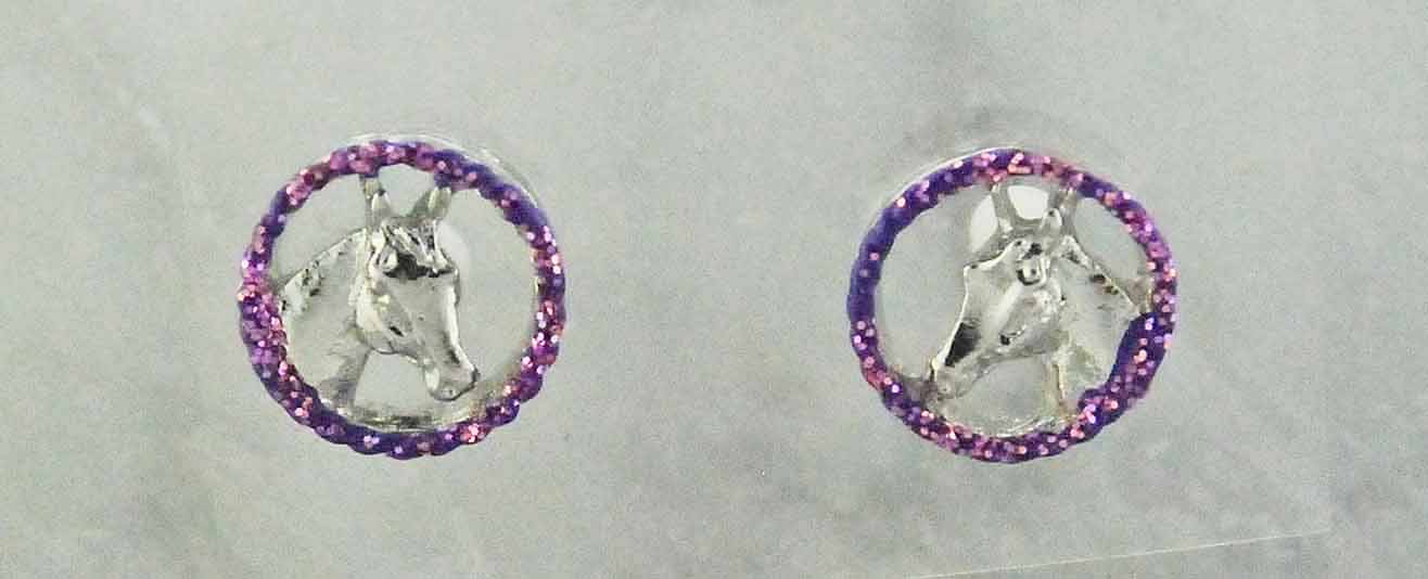 Horse Head In Rope Horsehead Inside Lariat Glitter Purple Pierced Earrings