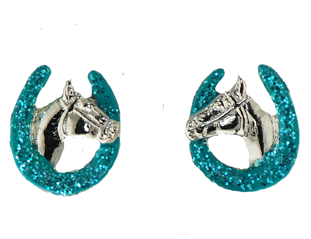 Horsehead Turquoise Glitter Horseshoe Earrings Horse Head Inside Horse Shoe Pierced Earrings